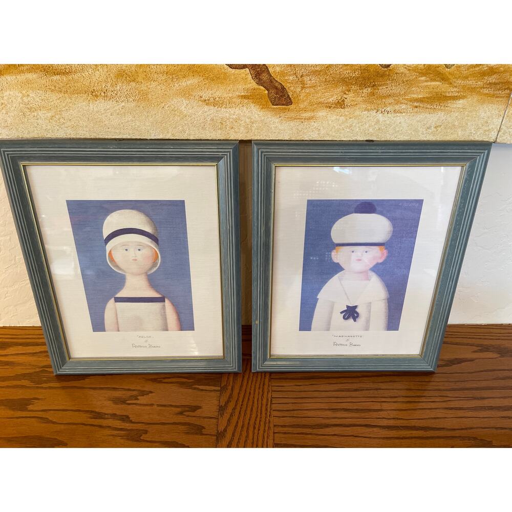 Mid Century signed Pair Of Antonio Bueno Zelda & Marinaretto Prints Blue Framed